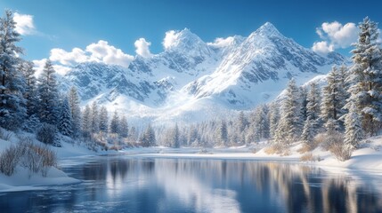 A breathtaking winter scene with majestic snow-covered mountains under a clear blue sky. A peaceful valley with evergreen trees and a small frozen lake reflecting the sunlight. 