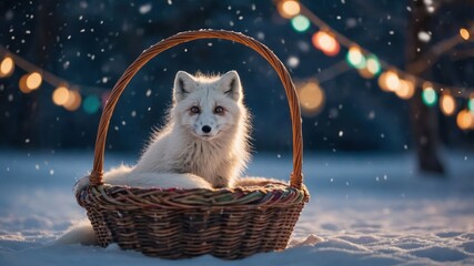 Obraz premium A serene white fox resting in a basket amidst falling snow and colorful lights.