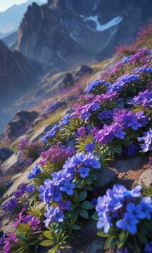 Blue-purple flower clusters blooming in a mountainous landscape, blue flowers, wolfsbane