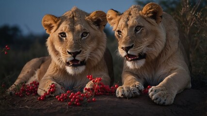 Obraz premium Two lions resting together among red berries in a natural setting.