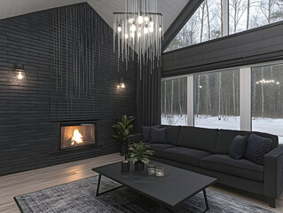 Modern Living Room Interior Showcases a Black Brick Fireplace, Cozy Sofa, and Scenic Winter View with Stylish Chandelier.