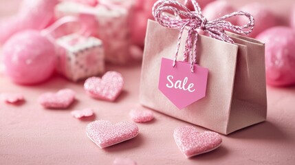 Pink sale shopping bag, gifts, hearts on pink background
