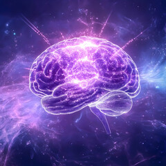 Glowing Purple Wireframe Brain Model Emits Energy in a Dark Abstract Space Background