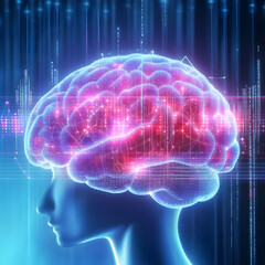 3D Wireframe Brain Illustrates Neural Network Activity with Data Streams in Futuristic Background