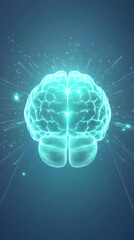 Glowing 3D Brain Illustration Emits Light Rays on a Dark Blue Background
