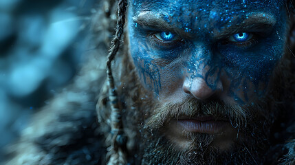 Close-up portrait of a fierce warrior with blue face paint and intense eyes.