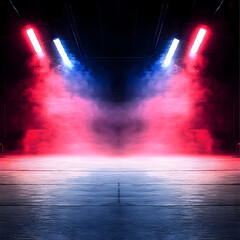 Abstract Background with Red and Blue Lights Shining on Wooden Floor and Smoke Effect