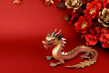 Fototapeta premium Red and Gold Dragon Figurine Sits Gracefully on Red Background with Paper Flowers Elegantly Displayed