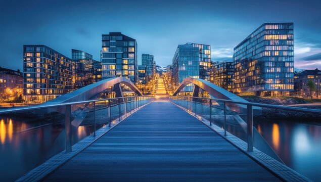 Urban Nightscape Featuring Modern Architectural Structures, Illuminated Pedestrian Bridge, and Reflections on Water in a City Setting