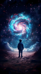 Child Observes a Dazzling Spiral Galaxy in a Dreamlike Night Sky from a Desolate Landscape