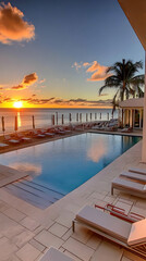 Fototapeta premium Luxury beach resort reflects golden sunset over tranquil pool, inviting relaxation and tranquility.