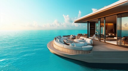 Fototapeta premium Sophisticated oceanfront deck featuring contemporary furniture, expansive glass windows, and serene views of turquoise water under a sunny, clear sky.