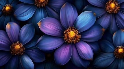 4D A seamless pattern of blue and purple flowers with golden highlights, their petals a blend of deep purples and bright yellows, 