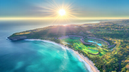 Aerial View of Coastal Resort with Lush Greenery and Turquoise Waters During Sunrise