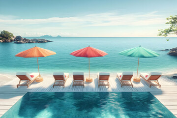 Fototapeta premium Seaside Infinity Pool with Lounge Chairs and Umbrellas Overlooks Tranquil Ocean Views