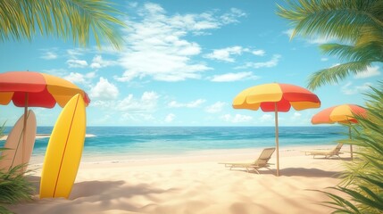 Scenic tropical beach featuring colorful umbrellas, surfboards, and lounge chairs surrounded by palm leaves, with a tranquil ocean view and sunny blue skies, perfect for a summer escape.