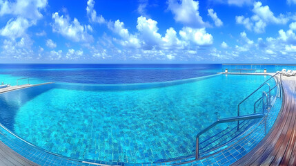 Obraz premium Infinity Pool Merges with the Ocean Under a Bright Blue Sky, Offering a Luxurious Escape.