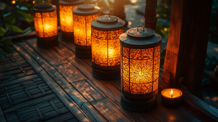 Warm candlelit lanterns on wooden surface