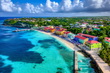 Fototapeta premium Colorful Coastal Town Embraces Turquoise Waters on a Sunny Day with Fluffy Clouds