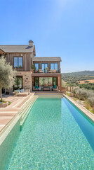 Fototapeta premium Luxury Farmhouse with Inviting Pool Overlooks Serene Countryside Views on Sunny Day.