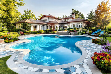 Fototapeta premium Luxury Home with Inviting Pool and Lush Landscape Enhances Curb Appeal Beautifully.