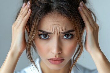 Fototapeta premium A concerned woman with a furrowed brow, holding her head, expressing stress or anxiety.