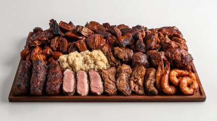 A beautifully arranged platter of various grilled meats and seafood on a wooden board