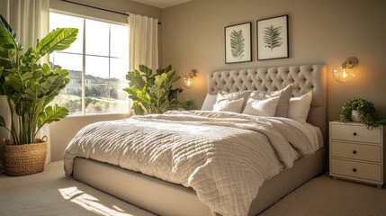 Sunlit bedroom with large bed, plants, and hillside view; ideal for home decor websites