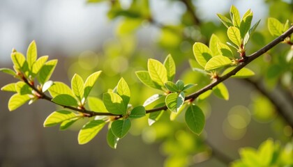 Obraz premium Green leaves on branch with blurred background