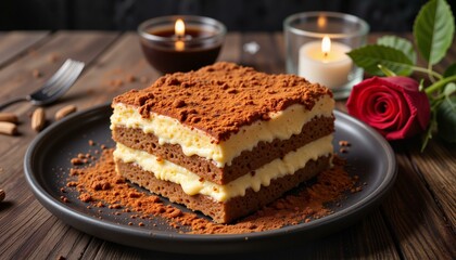 Delicious layered dessert on dark wooden table