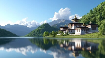 Obraz premium Mountain Temple Lake Reflection