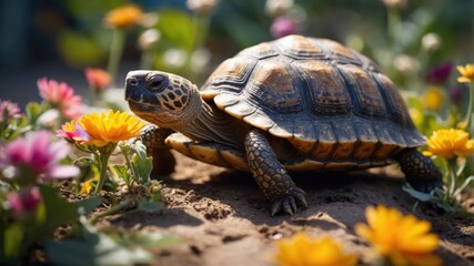Obraz premium A tortoise exploring a vibrant garden filled with colorful flowers.