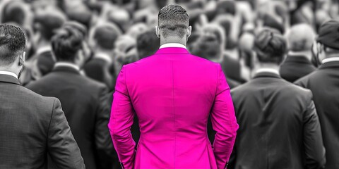 black and white photo of man standing in crowd, man wearing vibrant pink suit