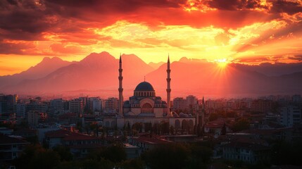 Obraz premium Majestic Sunset over Antalya's Mosque and Mountains