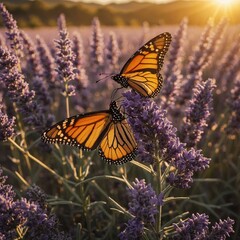 A monarch butterfly on lavender fields under a golden sun.