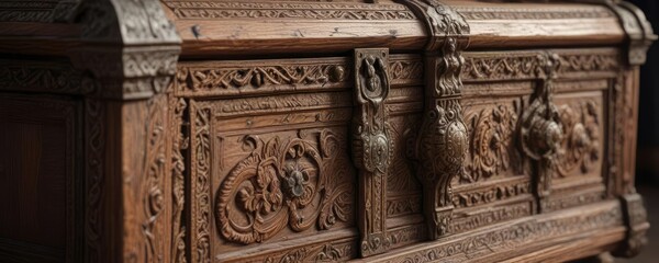 Ancient wooden chest with intricate carvings and patina, old, torn