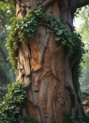Ancient tree trunk with gnarled bark and ivy vines wrapped around it, foliage, rustic, natural