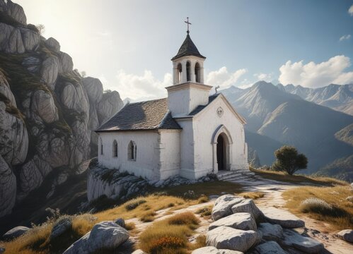 Ancient whitewashed chapel on Kerkis mountain slope, hilltop view, rustic details, mountain landscape