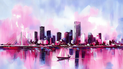 Obraz premium Abstract Cityscape Painting with Sailboat, Bridge, and Pink and Purple Hues Beautifully