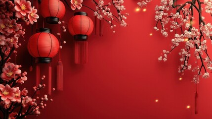 Elegant red lanterns of Chinese New Year with tassels surrounded by cherry blossoms on a vibrant red background evoke a festive, traditional Asian celebration.