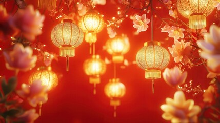 Beautiful golden lanterns with intricate patterns and tassels, surrounded by blooming flowers and warm lights, celebrate the festive spirit of Chinese New Year on a vibrant red backdrop.