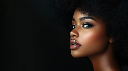 Fototapeta premium A serene and empowering profile of a young black woman with an afro, ideal for beauty campaigns, empowerment themes, or Black History Month promotions.