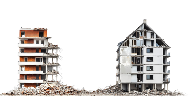 demolished building and residential house isolated on white background 