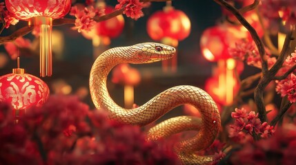 A magnificent golden snake intertwined with vibrant cherry blossoms and ornate red lanterns, symbolizing the Chinese Zodiac Year of the Snake in a festive Chinese New Year setting.