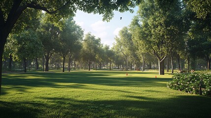 Obraz premium Lush green park with tall trees, sunlight filtering through leaves, creating shadows on grassy lawn.