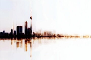 Fototapeta premium Abstract Cityscape Reflects in Water with Prominent Tower and Modern Buildings Serenely.