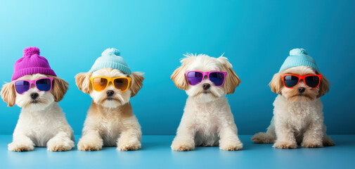 Obraz premium Adorable pets wearing colorful sunglasses and hats, posing together in cheerful setting. Their playful expressions bring joy and warmth to scene