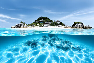 Tropical Island Resort Stands on White Sand Beach with Clear Turquoise Water and Underwater Rocks Below