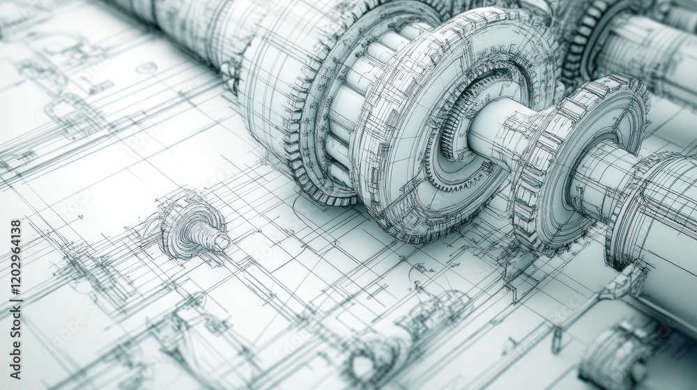 Poster complex gear mechanism resting upon engineering blueprint