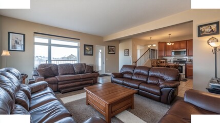 Modern Living Room With Brown Leather Furniture And Open Kitchen Area